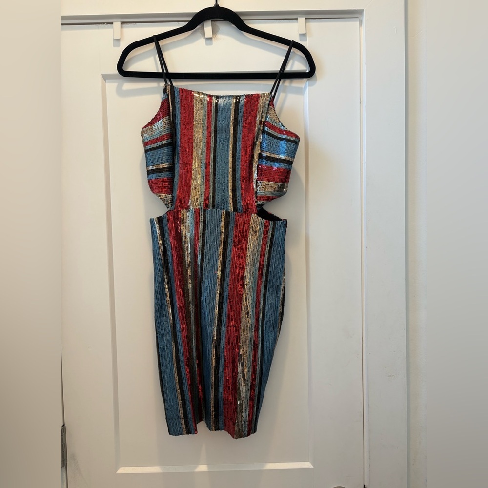 Tally Weijl Striped Sequin Mini Dress Side Cut Outs Red Blue Gold SDRPEMILA M